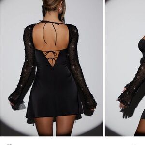 NWT Oh Polly Black Long Sleeve Pearl Embellished Mini Dress